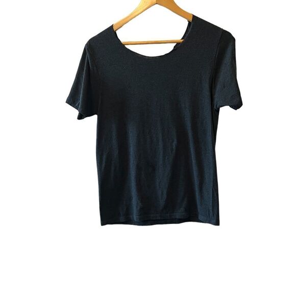 Dark Blue Metallic “Blessed” Graphic Print Jagged Neck Edge Short Sleeve Tee M - Picture 3 of 6